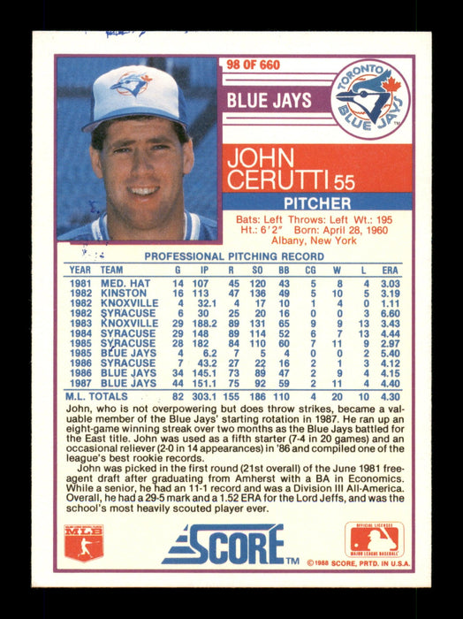 John Cerutti Autographed 1988 Score Card #98 Toronto Blue Jays SKU #188380 - RSA