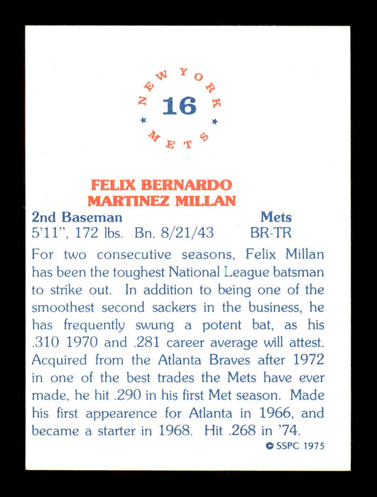 Felix Millan Autographed 1975 SSPC Card #16 New York Mets Regional Issue SKU #171810 - RSA