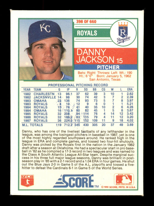 Danny Jackson Autographed 1988 Score Card #398 Kansas City Royals SKU #188405 - RSA