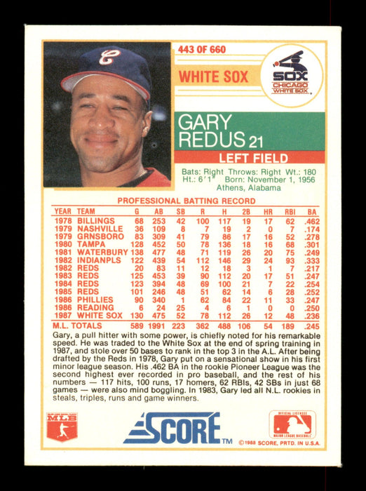 Gary Redus Autographed 1988 Score Card #443 Chicago White Sox SKU #188414 - RSA