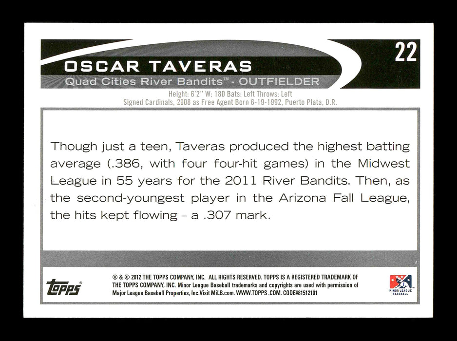 Oscar Taveras Autographed 2012 Topps Debut Rookie Card #22 St. Louis Cardinals SKU #178816 - RSA