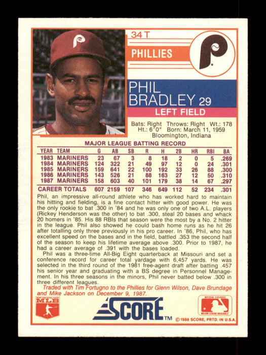 Phil Bradley Autographed 1988 Score Traded Card #34T Philadelphia Phillies SKU #188454 - RSA