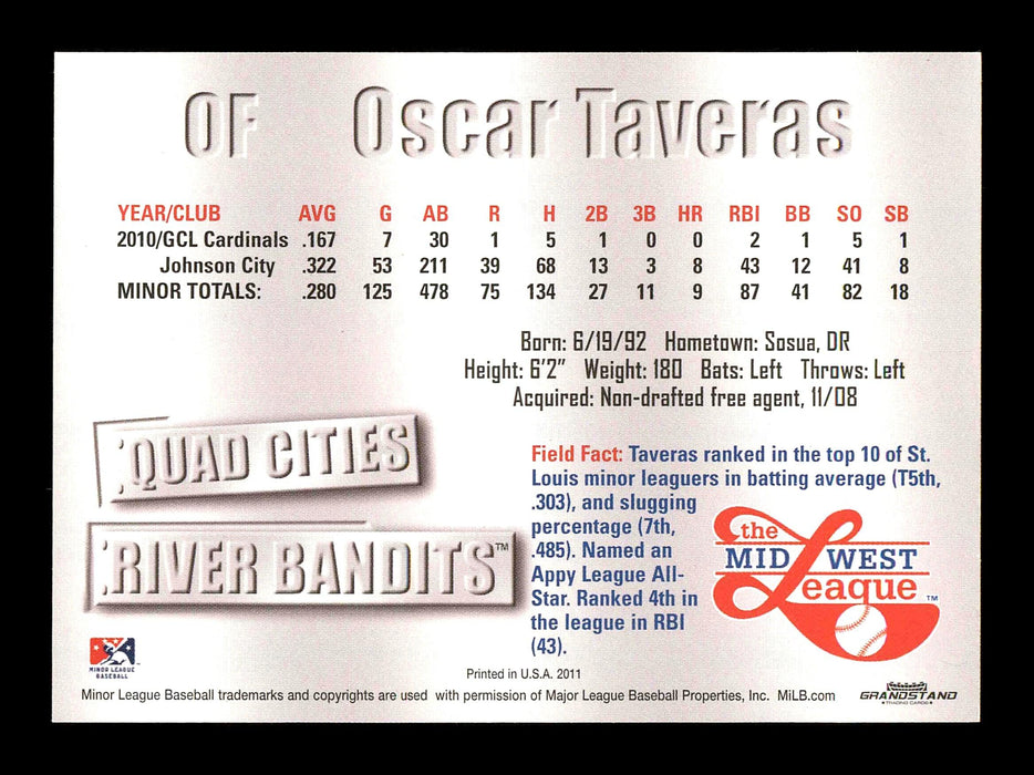 Oscar Taveras Autographed 2011 Grandstand Midwest League Rookie Card St. Louis Cardinals SKU #178817 - RSA