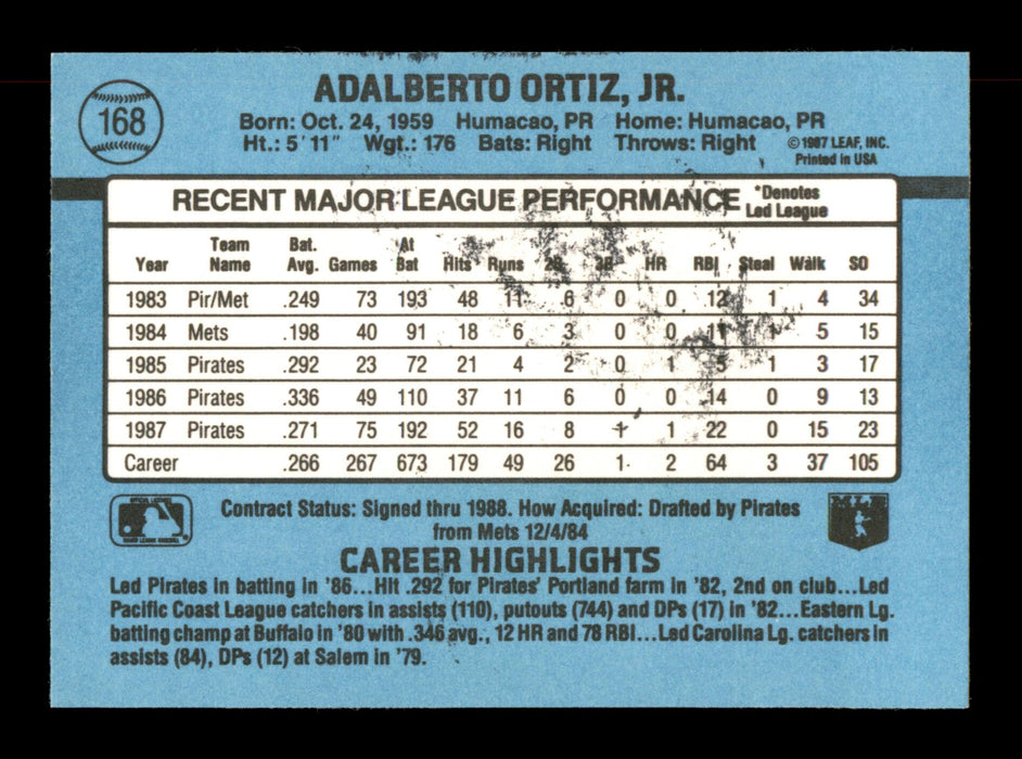 Junior Ortiz Autographed 1988 Donruss Card #168 Pittsburgh Pirates SKU #188494 - RSA