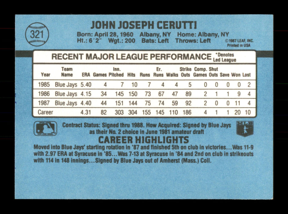 John Cerutti Autographed 1988 Donruss Card #321 Toronto Blue Jays SKU #188515 - RSA