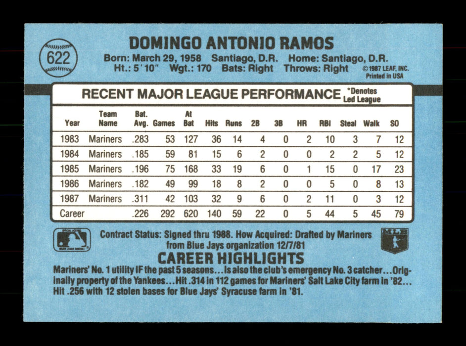 Domingo Ramos Autographed 1988 Donruss Card #622 Seattle Mariners SKU #188535 - RSA