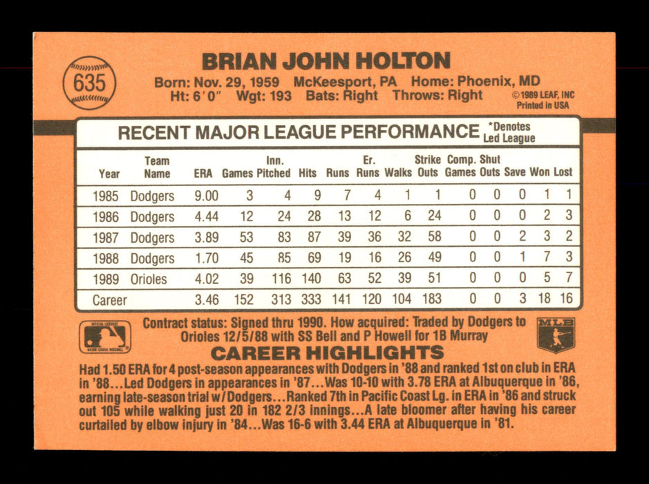 Brian Holton Autographed 1990 Donruss Card #635 Baltimore Orioles SKU #188592 - RSA