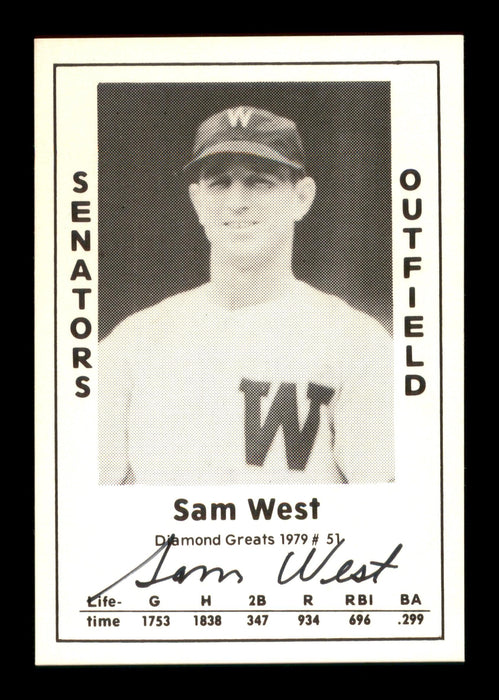 Sam West Autographed 1979 Diamond Greats Card #51 Washington Senators SKU #188672 - RSA