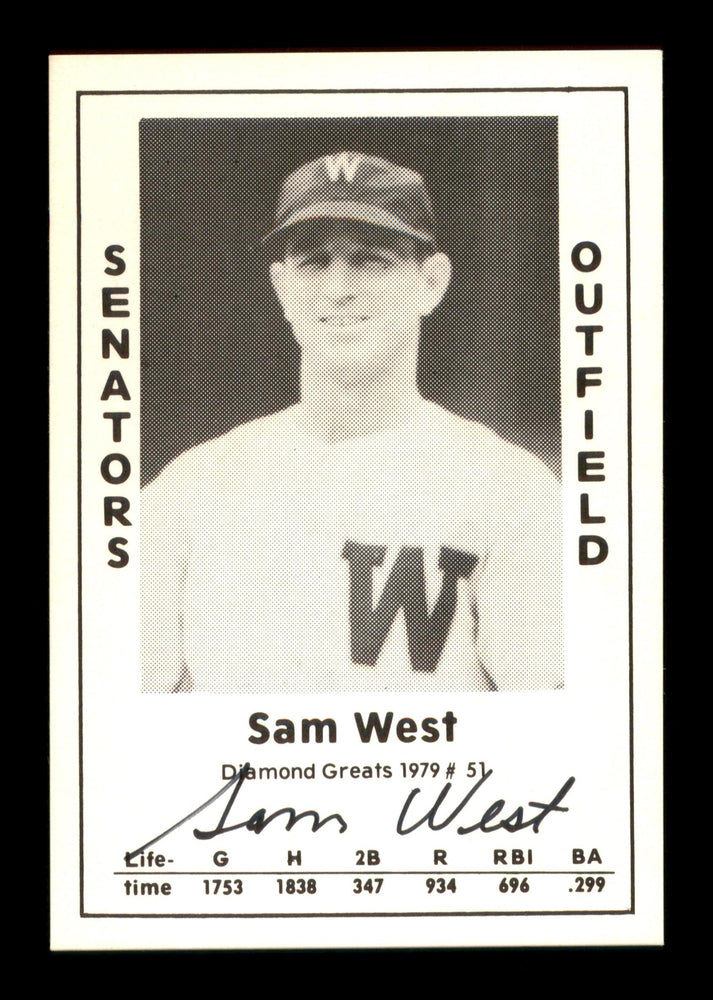 Sam West Autographed 1979 Diamond Greats Card #51 Washington Senators SKU #188672 - RSA
