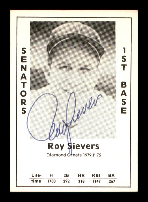Roy Sievers Autographed 1979 Diamond Greats Card #75 Washington Senators SKU #188698 - RSA