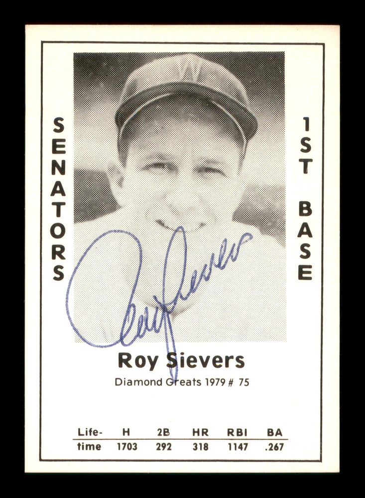 Roy Sievers Autographed 1979 Diamond Greats Card #75 Washington Senators SKU #188698 - RSA