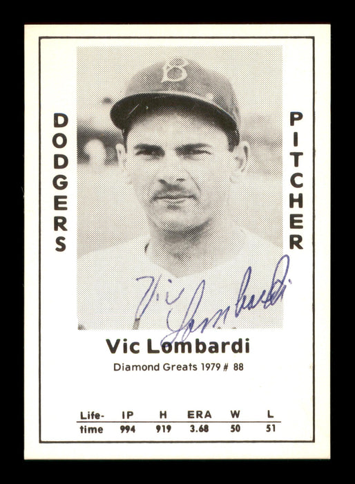 Vic Lombardi Autographed 1979 Diamond Greats Card #88 Brooklyn Dodgers SKU #188709 - RSA