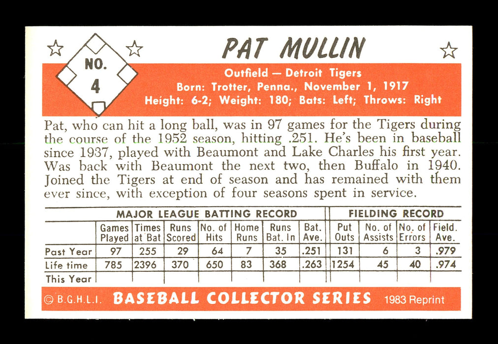 Pat Mullin Autographed 1983 Bowman 1953 Bowman Reprint Card #4 Detroit Tigers SKU #171844 - RSA