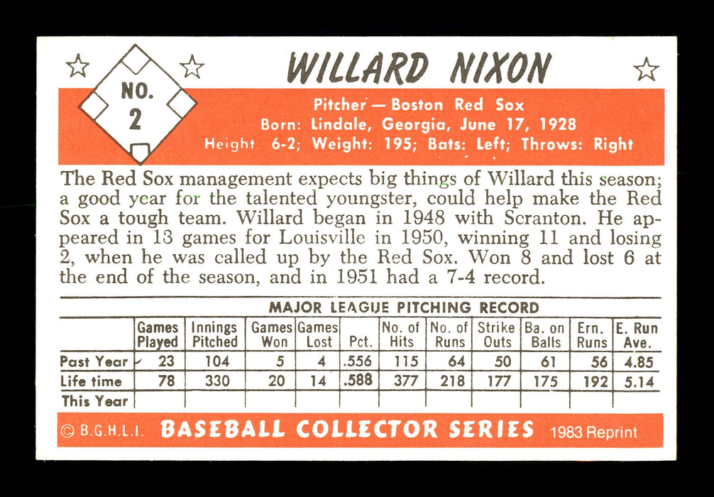 Willard Nixon Autographed 1983 Bowman 1953 Bowman Reprint Card #2 Boston Red Sox SKU #171857 - RSA