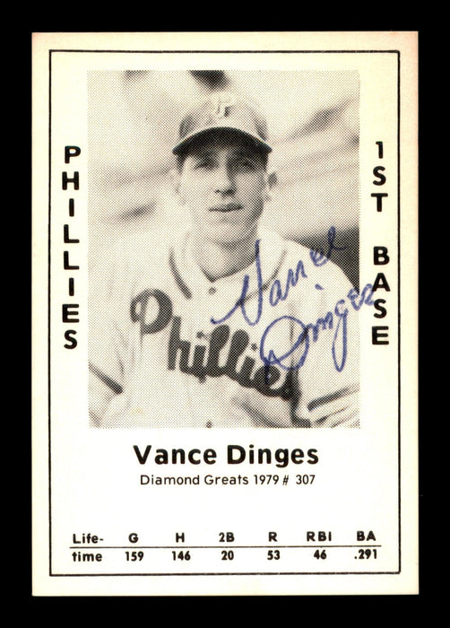 Vance Dinges Autographed 1979 Diamond Greats Card #307 Philadelphia Phillies SKU #188900 - RSA