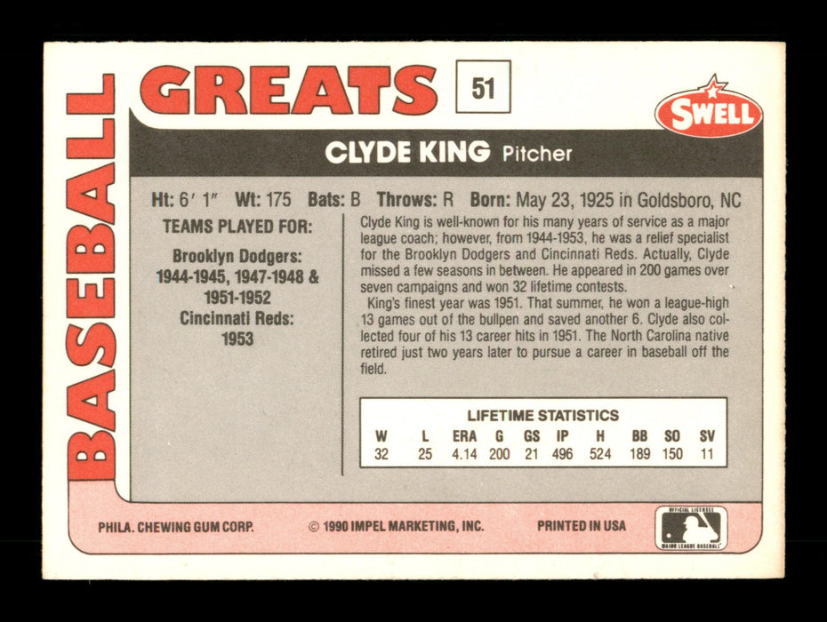 Clyde King Autographed 1990 Swell Baseball Greats Card #51 Brooklyn Dodgers SKU #189055 - RSA