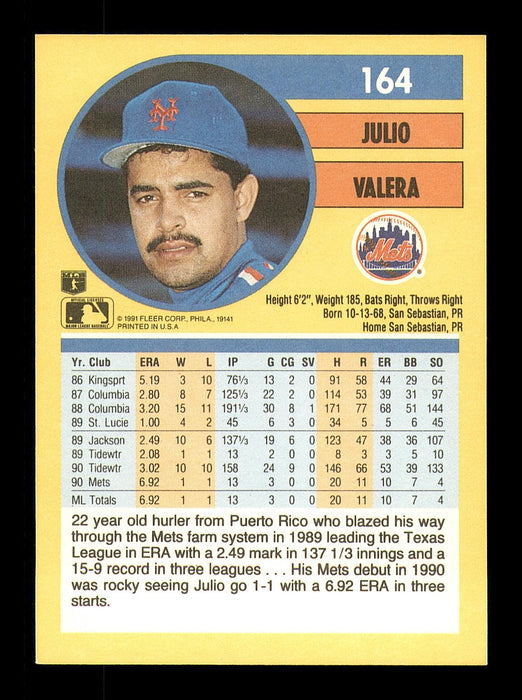 Julio Valera Autographed 1991 Fleer Card #164 New York Mets SKU #183484 - RSA