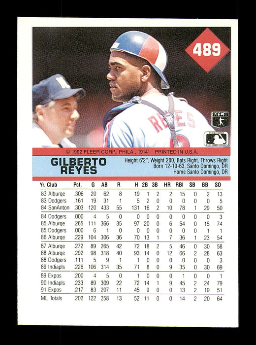 Gilberto Reyes Autographed 1992 Fleer Card #489 Montreal Expos SKU #183537 - RSA