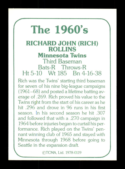 Rich Rollins Autographed 1978 TCMA Card #119 Minnesota Twins SKU #171954 - RSA
