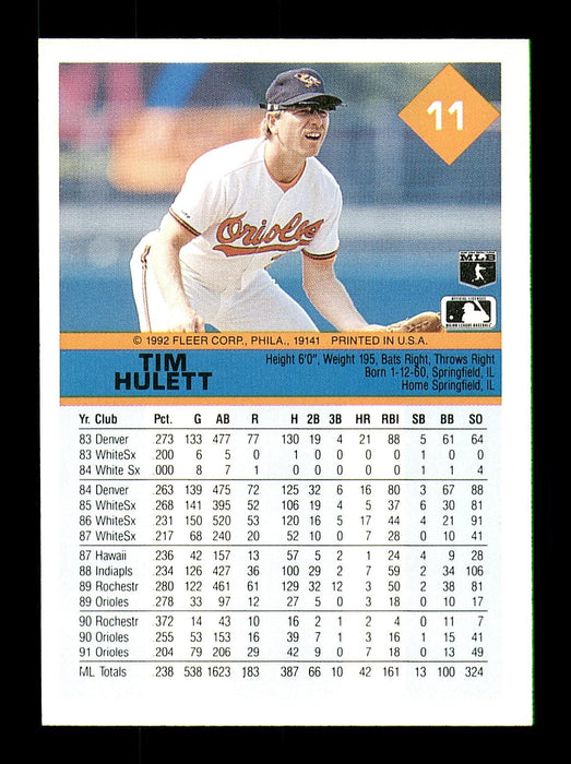 Tim Hulett Autographed 1992 Fleer Card #11 Baltimore Orioles SKU #183546 - RSA