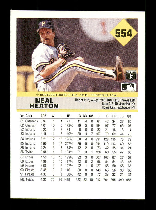 Neal Heaton Autographed 1992 Fleer Card #554 Pittsburgh Pirates SKU #183547 - RSA