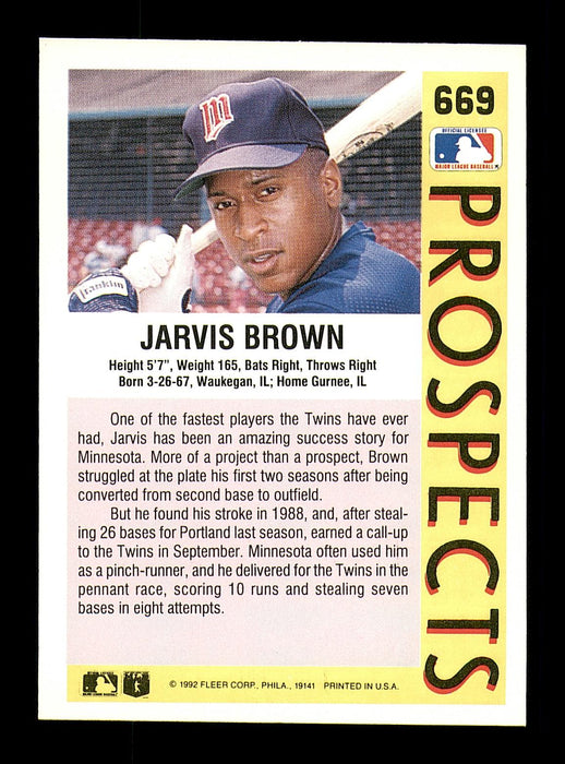 Jarvis Brown Autographed 1992 Fleer Rookie Card #669 Minnesota Twins SKU #183566 - RSA