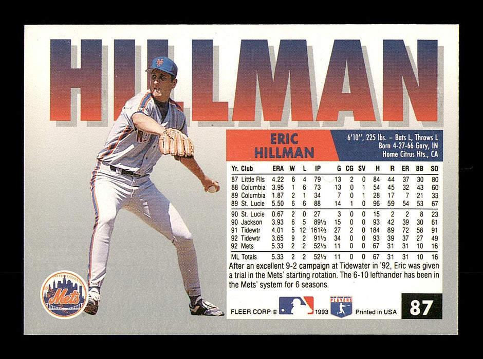 Eric Hillman Autographed 1993 Fleer Card #87 New York Mets SKU #183576 - RSA