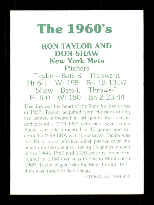Don Shaw Autographed 1981 TCMA Card #449 New York Mets SKU #171996 - RSA