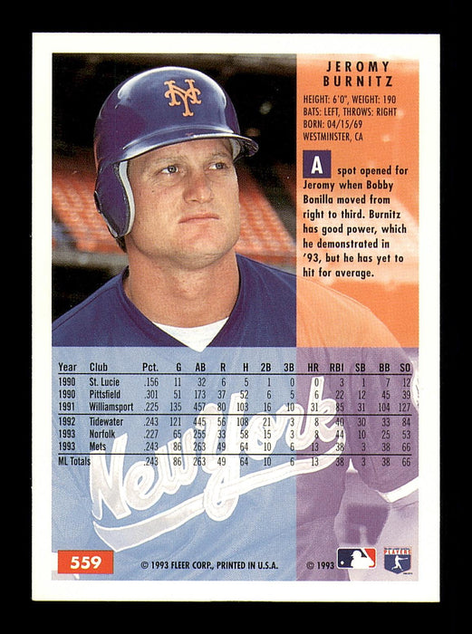 Jeromy Burnitz Autographed 1994 Fleer Card #559 New York Mets SKU #183618 - RSA
