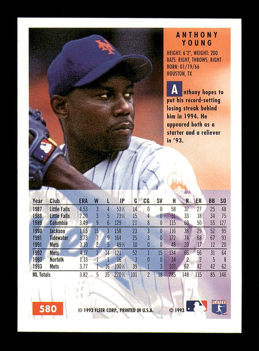 Anthony Young Autographed 1994 Fleer Card #580 New York Mets SKU #183619 - RSA