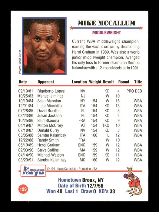 Mike McCallum Autographed 1991 Kayo Card #129 SKU #167237 - RSA