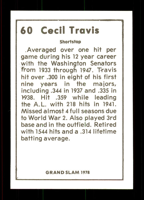 Cecil Travis Autographed 1978 Grand Slam Card #60 Washington Senators SKU #172093 - RSA