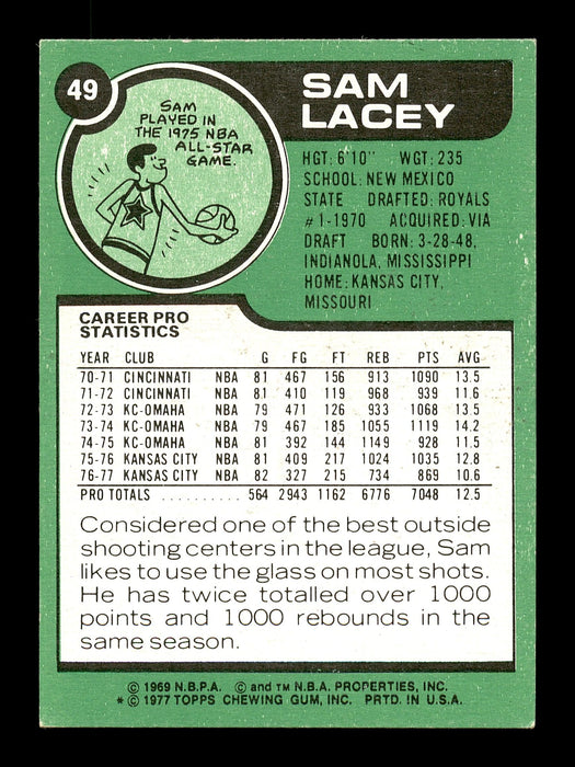 Sam Lacey Autographed 1977-78 Topps Card #49 Kansas City Kings SKU #167278 - RSA