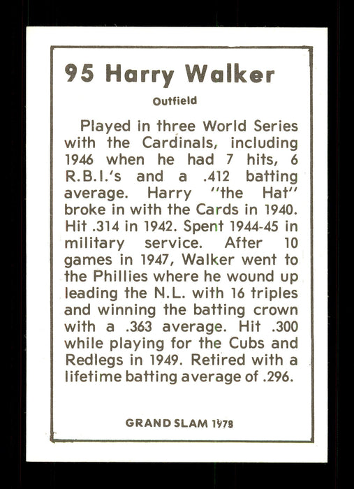 Harry Walker Autographed 1978 Grand Slam Card #95 St. Louis Cardinals SKU #172126 - RSA