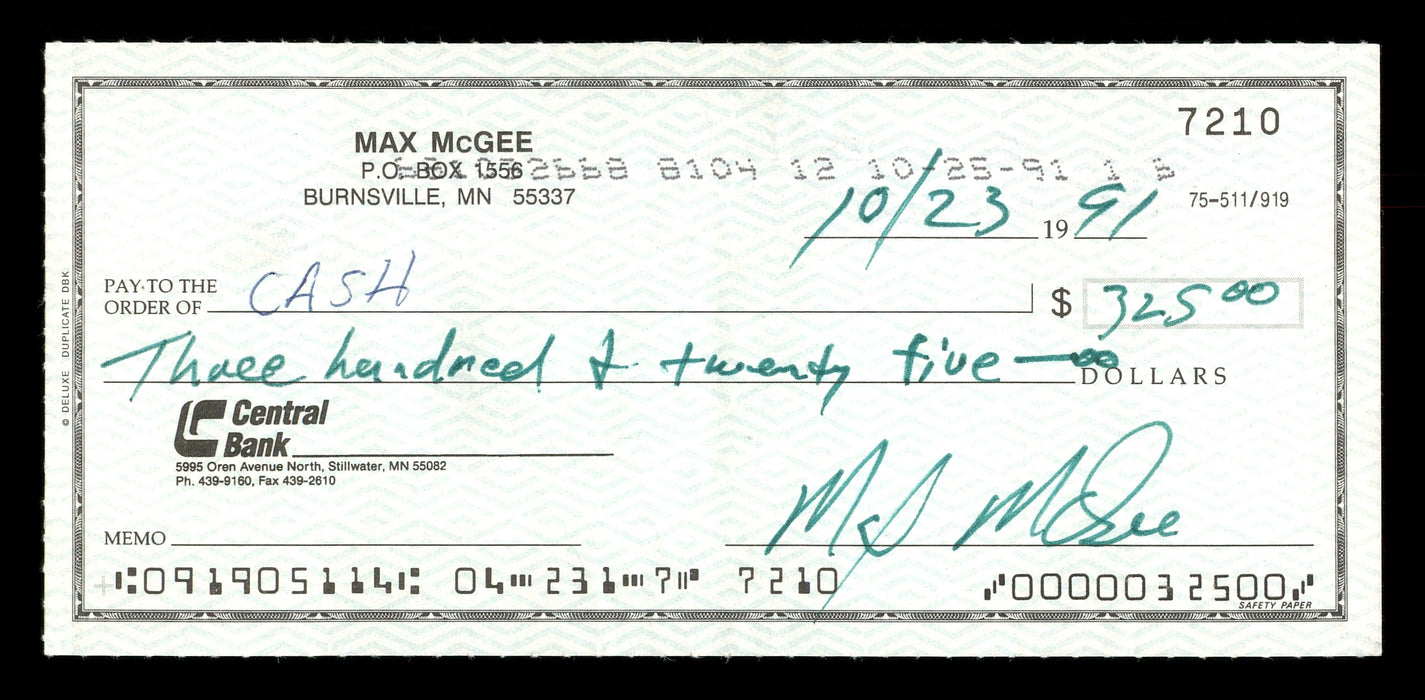 Max McGee Autographed 2.75x6 Check Green Bay Packers SKU #174013 - RSA
