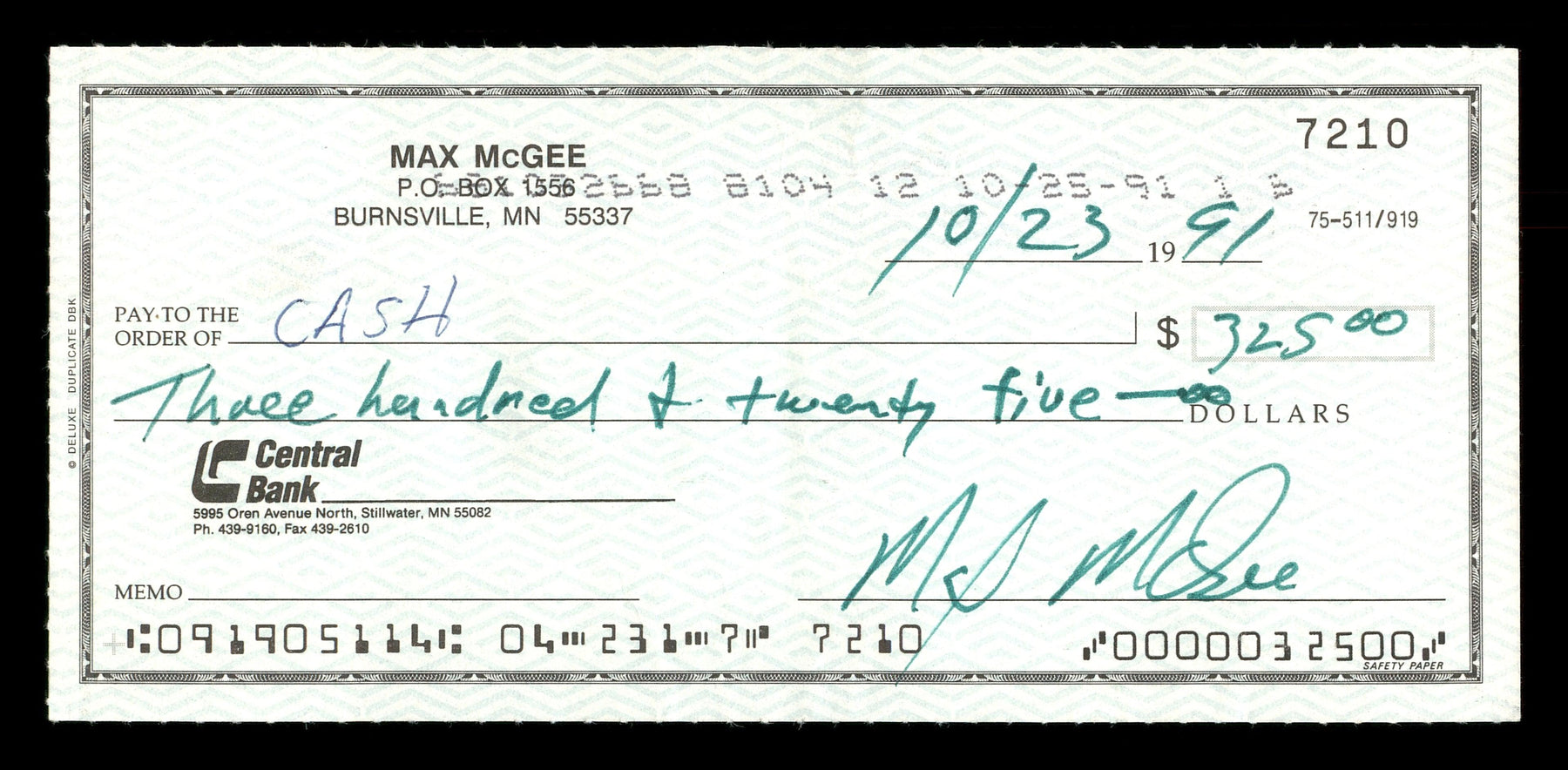 Max McGee Autographed 2.75x6 Check Green Bay Packers SKU #174013 - RSA