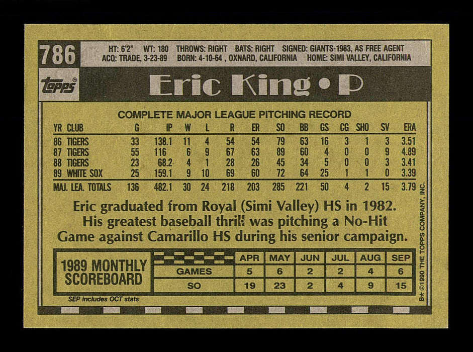 Eric King Autographed 1990 Topps Card #786 Chicago White Sox SKU #183740 - RSA