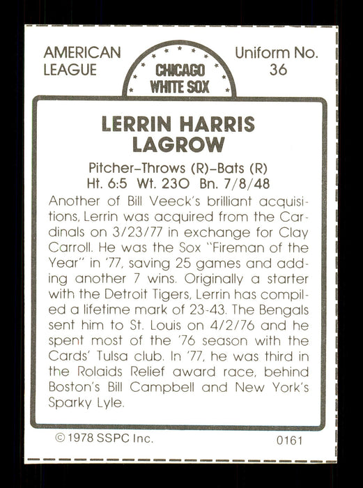 Lerrin LaGrow Autographed 1978 SSPC Card #161 Chicago White Sox SKU #172178 - RSA