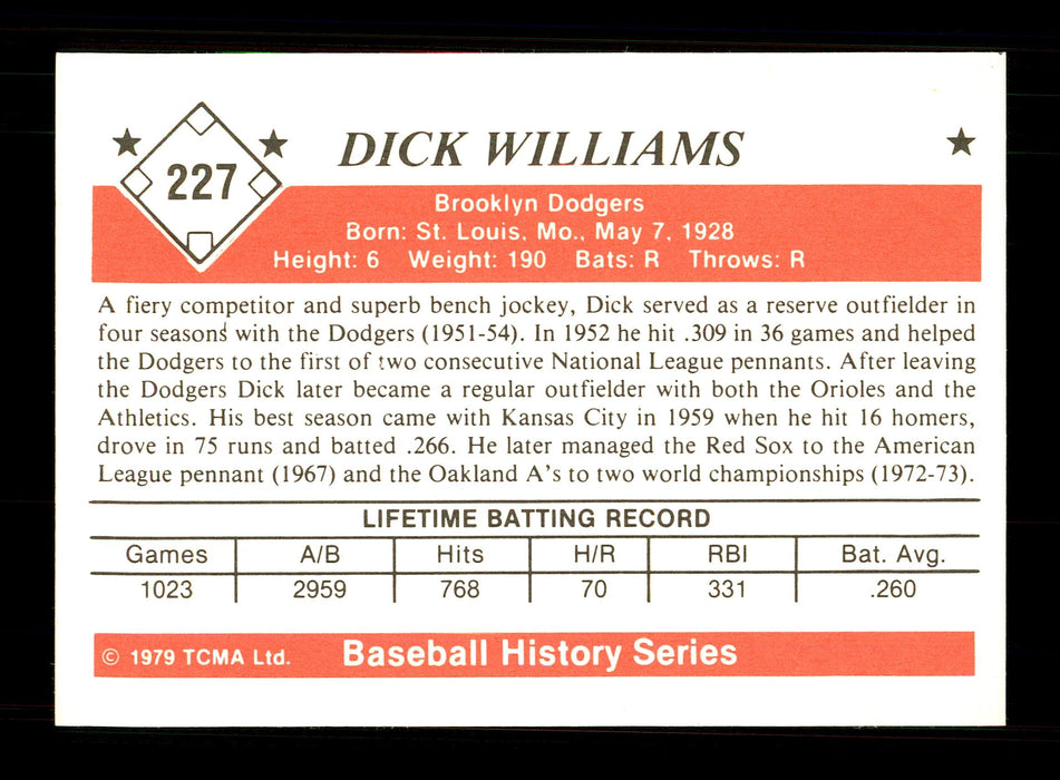 Dick Williams Autographed 1979 TCMA Card #227 Brooklyn Dodgers SKU #172190 - RSA