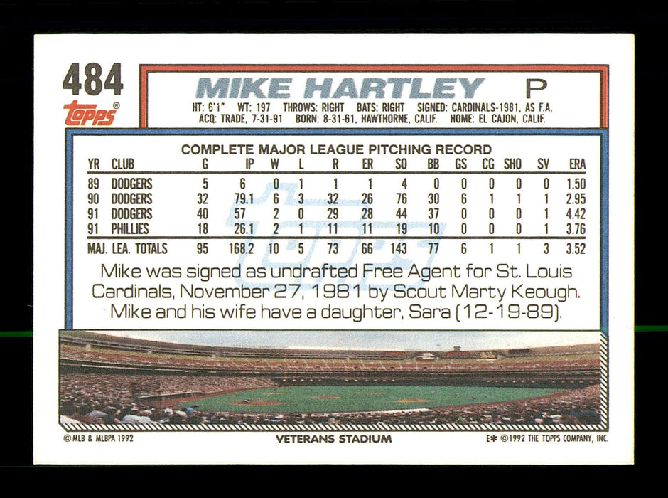 Mike Hartley Autographed 1992 Topps Card #484 Philadelphia Phillies SKU #183787 - RSA