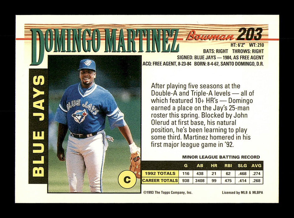 Domingo Martinez Autographed 1993 Bowman Card #203 Toronto Blue Jays SKU #183834 - RSA