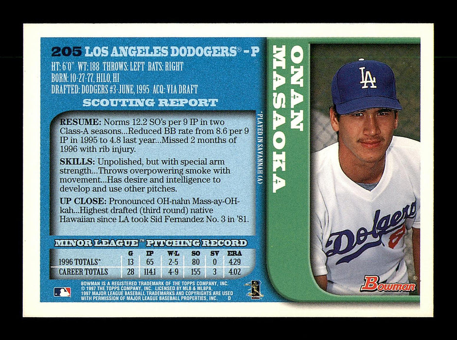 Onan Masaoka Autographed 1997 Bowman Card #205 Los Angeles Dodgers SKU #183844 - RSA