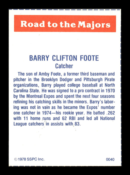 Barry Foote Autographed 1978 SSPC Card #40 Philadelphia Phillies SKU #172260 - RSA