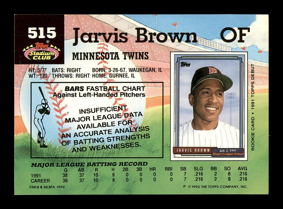 Jarvis Brown Autographed 1992 Stadium Club Rookie Card #515 Minnesota Twins SKU #183851 - RSA
