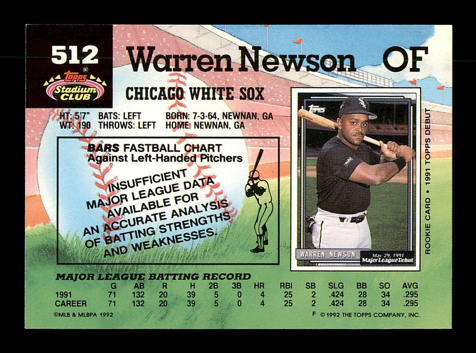 Warren Newsom Autographed 1992 Stadium Club Card #512 Chicago White Sox SKU #183855 - RSA