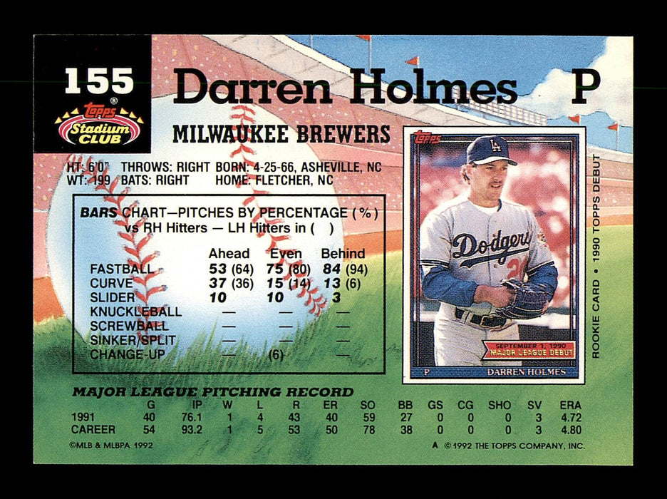 Darren Holmes Autographed 1992 Stadium Club Card #155 Milwaukee Brewers SKU #183859 - RSA