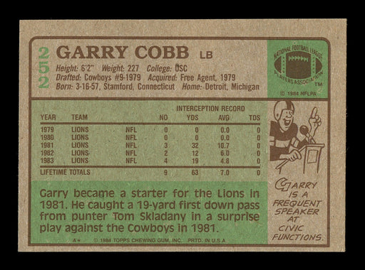 Garry Cobb Autographed 1984 Topps Rookie Card #252 Detroit Lions SKU #176187 - RSA