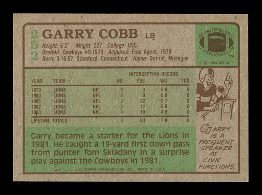 Garry Cobb Autographed 1984 Topps Rookie Card #252 Detroit Lions SKU #176188 - RSA