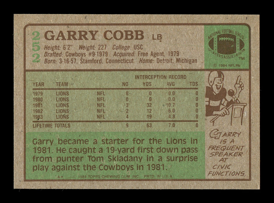 Garry Cobb Autographed 1984 Topps Rookie Card #252 Detroit Lions SKU #176188 - RSA