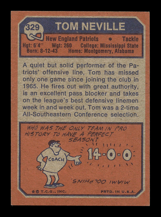 Tom Neville Autographed 1973 Topps Card #329 New England Patriots SKU #176197 - RSA